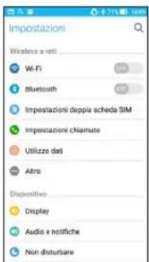 Impostazioni Wireless e seti Wi-Fi Bluetooth Impostazioni doppia scheda SIM Impostazioni chiamate Utilizzze dati Altro Dispositivo Display Audio e notifiche Non disturbare