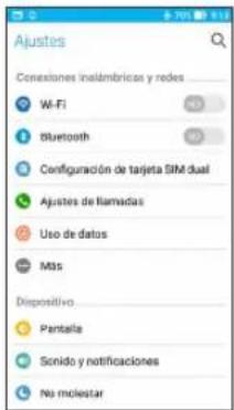 Ajustes Conexiones inalámbricos y redes Wi-Fi Bluetooth Configuración de tarjeta SIM dual Ajustes de llamadas Uso de datos Más Dispositivo Pantala Sonido y notificaciones No molestar