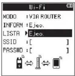 Wi-Fi MODO : VIA ROUTER INFORM : Ejec. LISTA : Ejec. SSID : [ ] PASSWORD : [ ]