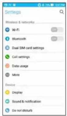 Settings Wireless & networks Wi-Fi Bluetooth Dual SIM card settings Call settings Data usage More Device Display Sound & notification Do not disturb