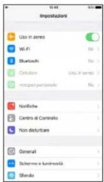 Impostazioni Uso in stereo Wi-Fi Bluetooth Cellulare Uso in stereo Hotspot personale No. Nordifiche Centro di Controllo Non disturbare Generali Scheme o luminosità Sfondo