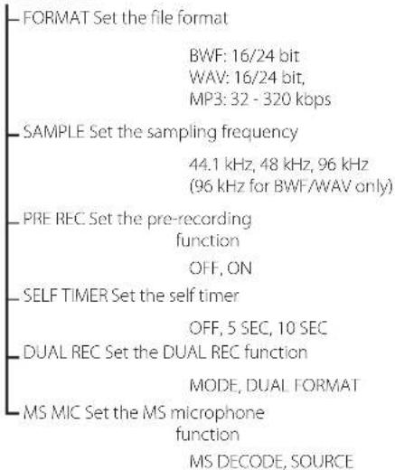 FORMAT Set the file format BWF: 16/24 bit WAV: 16/24 bit, MP3: 32 - 320 kbps SAMPLE Set the sampling frequency 44.1 kHz, 48 kHz, 96 kHz (96 kHz for BWF/WAV only) PRE REC Set the pre-recording function OFF, ON SELF TIMER Set the self timer OFF, 5 SEC, 10 SEC DUAL REC Set the DUAL REC function MODE, DUAL FORMAT MS MIC Set the MS microphone function MS DECODE, SOURCE