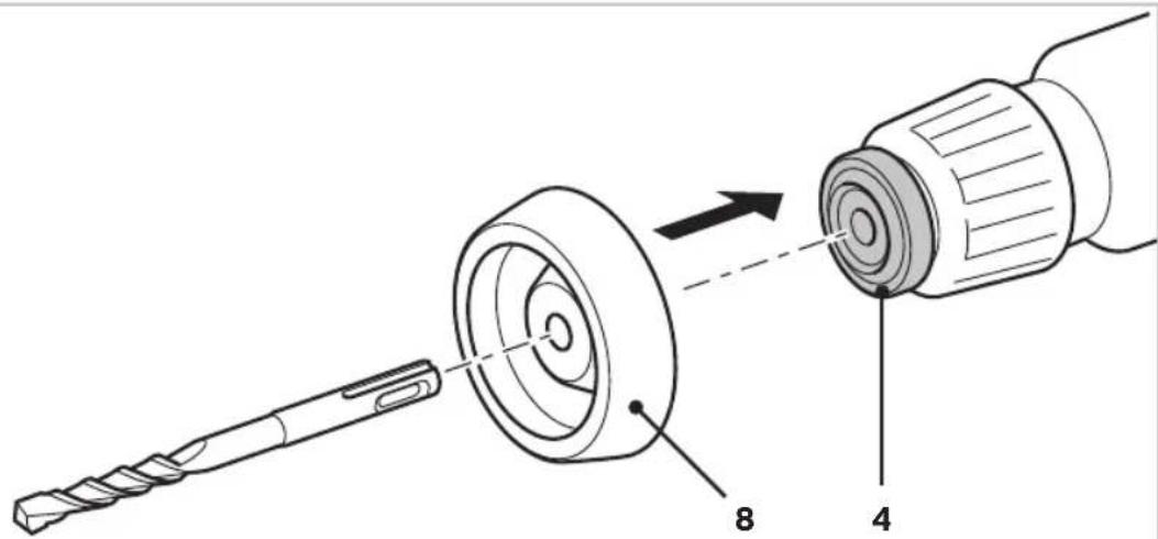 Technical diagram showing a drill bit being inserted into a drill bit, with numbered parts labeled 4 and 8.