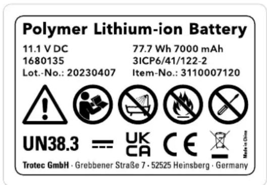 TROTEC VSP3041 - Signaux de sécurité et étiquettes sur la batterie - 1
