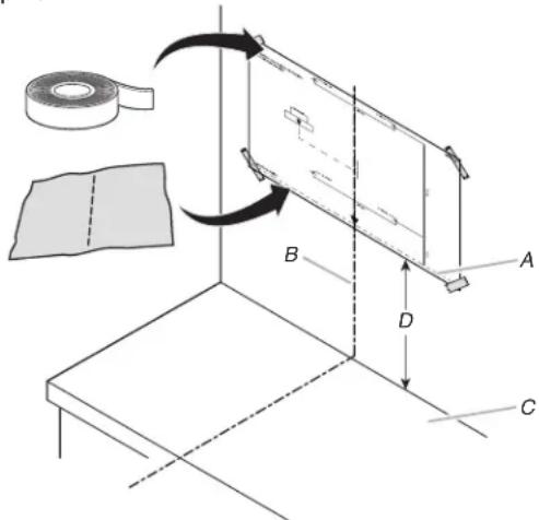 Technical diagram showing a mechanical assembly with labeled components A, B, C, D and a tape roll, including directional arrows indicating motion.