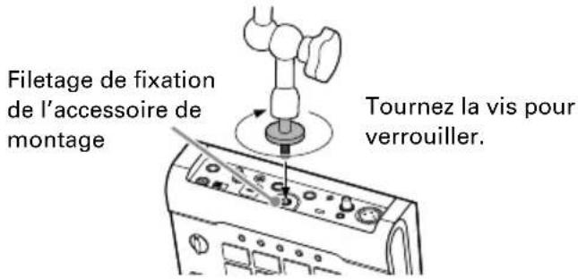 Filetage de fixation de l'accessoire de montage Tournez la vis pour verrouiller.
