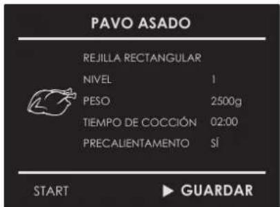 PAVO ASADO REJILLA RECTANGULAR NIVEL 1 PESO 2500g TIEMPO DE COCCIÓN 02:00 PRECALIENTAMENTO SÍ START ▶ GUARDAR