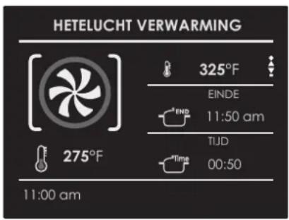 HETELUCHT VERWARMING 325°F EINDE 11:50 am TIJD 00:50 275°F 11:00 am