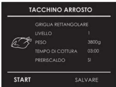 TACCHINO ARROSTO GRIGLIA REITANGOLARE LIVELLO 1 PESO 3800g TEMPO DI COTTURA 03:00 PRERISCALDO SI START SALVARE