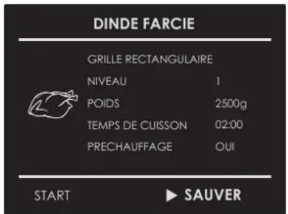 DINDE FARCIE GRILLE RECTANGULAIRE NIVEAU 1 POIDS 2500g TEMPS DE CUISSON 02:00 PRECHAUFFAGE OUI START ▶ SAUVER