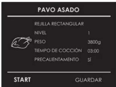 PAVO ASADO REJILLA RECTANGULAR NIVEL 1 PESO 3800g TIEMPO DE COCCIÓN 03:00 PRECALIENTAMENTO SÍ START GUARDAR