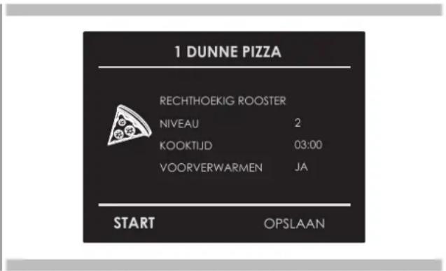 1 DUNNE PIZZA RECHTHOEKIG ROOSTER NIVEAU 2 KOOKTIJD 03:00 VOORVERWARMEN JA START OPSLAAN