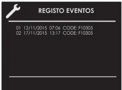 REGISTO EVENTOS 01 12/11/2015 07:06 CODE: F10305 02 17/11/2015 13:17 CODE: F10305