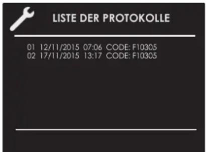 LISTE DER PROTOKOLLE 01 12/11/2015 07:06 CODE: F10305 02 17/11/2015 13:17 CODE: F10305