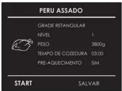 PERU ASSADO GRADE RETANGULAR NÍVEL 1 PESO 3800g TEMPO DE COZEDURA 03:00 PRE-AQUECIMENTO SIM START SALVAR