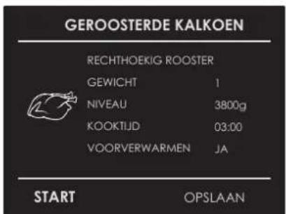 GEROOSTERDE KALKOEN RECHTHOEKIG ROOSTER GEWICHT 1 NIVEAU 3800g KOOKTIJD 03:00 VOORVERWARMEN JA START OPSLAAN
