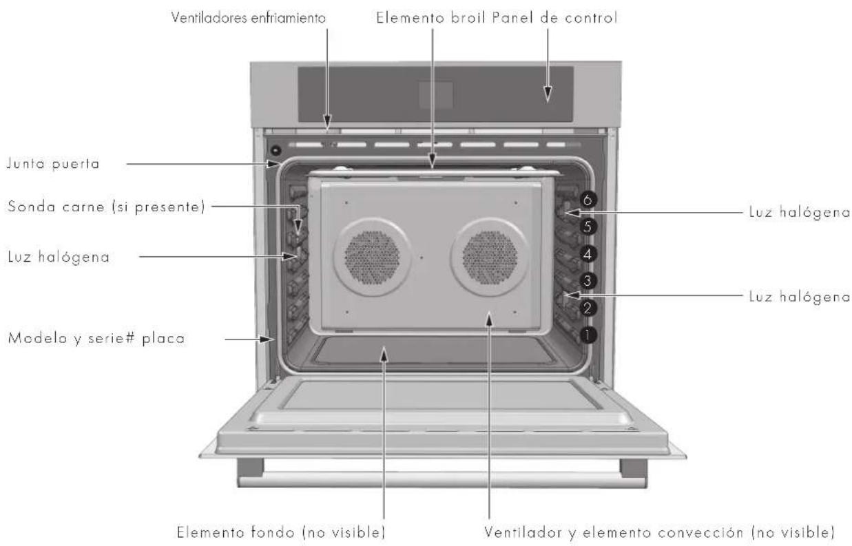 Ventiladores enfriamiento Elemento broil Panel de control Junta puerta Sonda carne (si presente) Luz halógena Modelo y serie# placa 6 5 4 3 2 1 Luz halógena Luz halógena Elemento fondo (no visible) Ventilador y elemento convección (no visible)