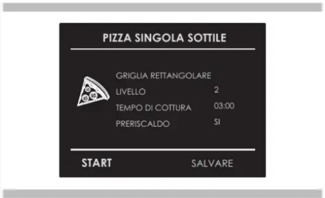 PIZZA SINGOLA SOTTILE GRIGLIA RETTANGOLARE LIVELLO 2 TEMPO DI COTTURA 03:00 PRERISCALDO SI START SALVARE