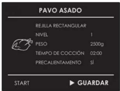 PAVO ASADO REJILLA RECTANGULAR NIVEL 1 PESO 2500g TIEMPO DE COCCIÓN 02:00 PRECALIENTAMENTO SÍ START ▶ GUARDAR