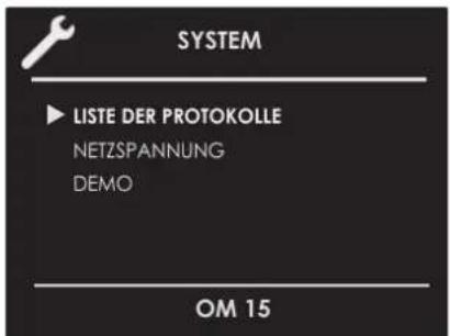 SYSTEM ► LISTE DER PROTOKOLLE NETZSPANNUNG DEMO OM 15
