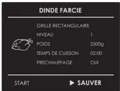 DINDE FARCIE GRILLE RECTANGULAIRE NIVEAU 1 POIDS 2500g TEMPS DE CUISSON 02:00 PRECHAUFFAGE OUI START ▶ SAUVER