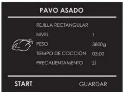 PAVO ASADO REJILLA RECTANGULAR NIVEL 1 PESO 3800g TIEMPO DE COCCIÓN 03:00 PRECALIENTAMENTO SÍ START GUARDAR