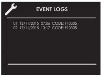 EVENT LOGS 01 12/11/2015 07:06 CODE: F10305 02 17/11/2015 13:17 CODE: F10305