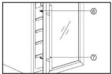 Technical diagram showing a door or panel with labeled parts 6 and 7, including directional arrows and internal features.