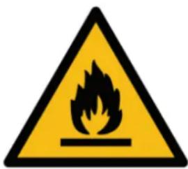 Warning sign depicting a flame symbol in yellow and black on white background