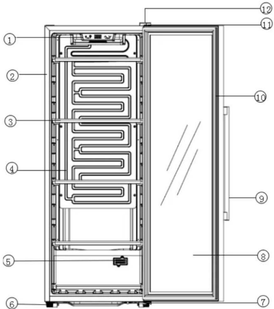Technical diagram of a refrigerator internal structure with numbered labels pointing to different compartments or components.