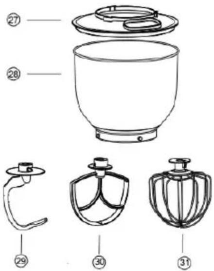 Technical diagram of a kitchen mixer with numbered parts for identification