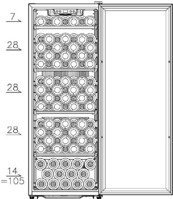 CONTINENTAL EDISON CECWC105A - Chargement pour la capacité maximale de 105 bouteilles (chargement sans la demie clayette fournit avec l'appareil) - 1