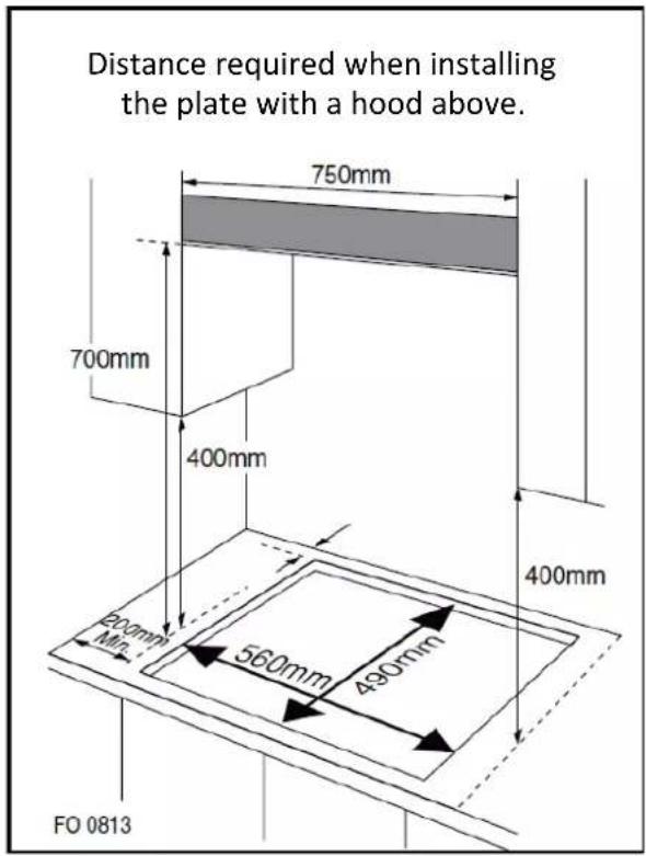 Distance required when installing the plate with a hood above. 750mm 700mm 400mm 200mm Min. 560mm 490mm 400mm FO 0813