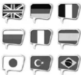 Grid of nine grayscale speech bubble icons with national flags, likely representing country or regional data.