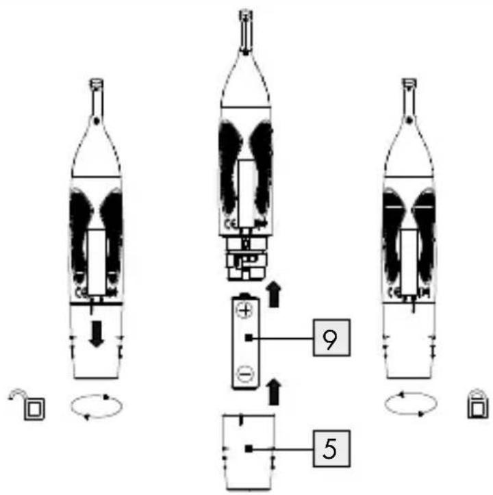 Diagram illustrating a three-step process of a bottle with internal components and labeled parts, including numbered annotations.