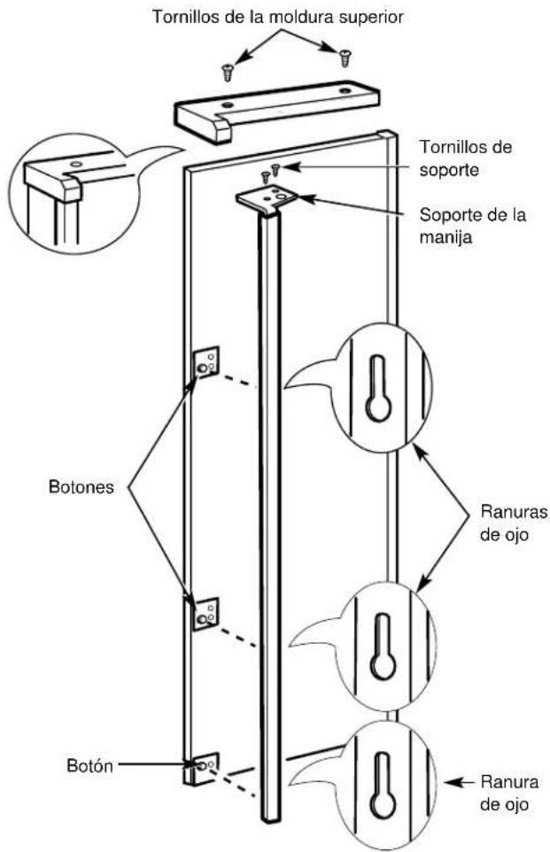 Tornillos de la moldura superior Tornillos de soporte Soporte de la manija Botones Botón Ranuras de ojo Ranura de ojo