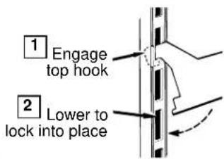 1 Engage top hook 2 Lower to lock into place