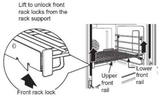Lift to unlock front rack locks from the rack support Front rack lock Upper front rail Lower front rail