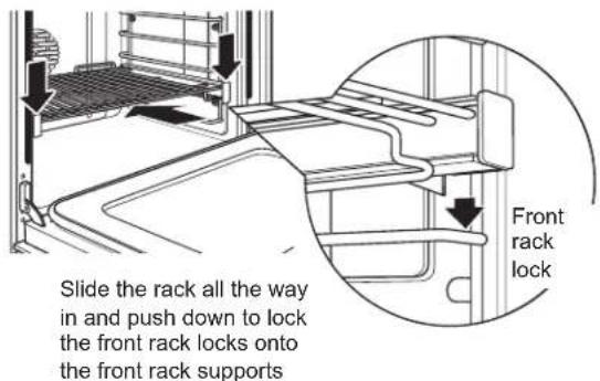 Slide the rack all the way in and push down to lock the front rack locks onto the front rack supports Front rack lock