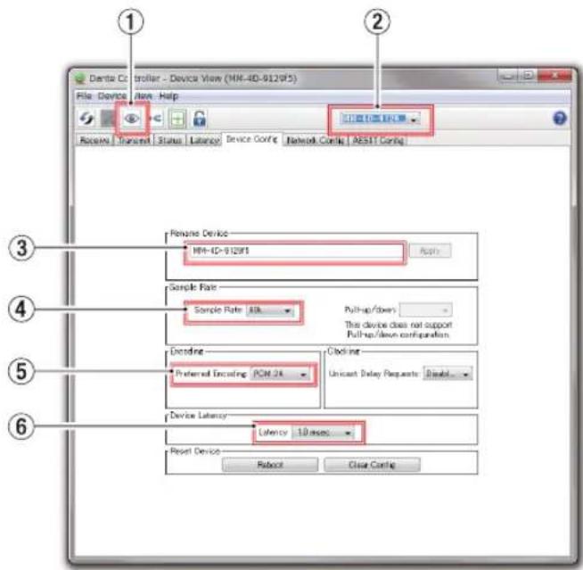 Dentra Controller - Device View (MH-4D-9129F5) File Device Name Help Access Transect Status Latency Device Config Network Config RESET Penserve Device MH-4D-9129F1 Sample Rate Sample Rate: 10A Pull-up/down This device does not support Pull-up/down configuration. Decoding Preferred Decoding: ACM.24 Clocking Unicast Delay Requests: Read... Device Latency Latency: 10 times Reset Device Rebeet Close Ctrlie ① ② ③ ④ ⑤ ⑥