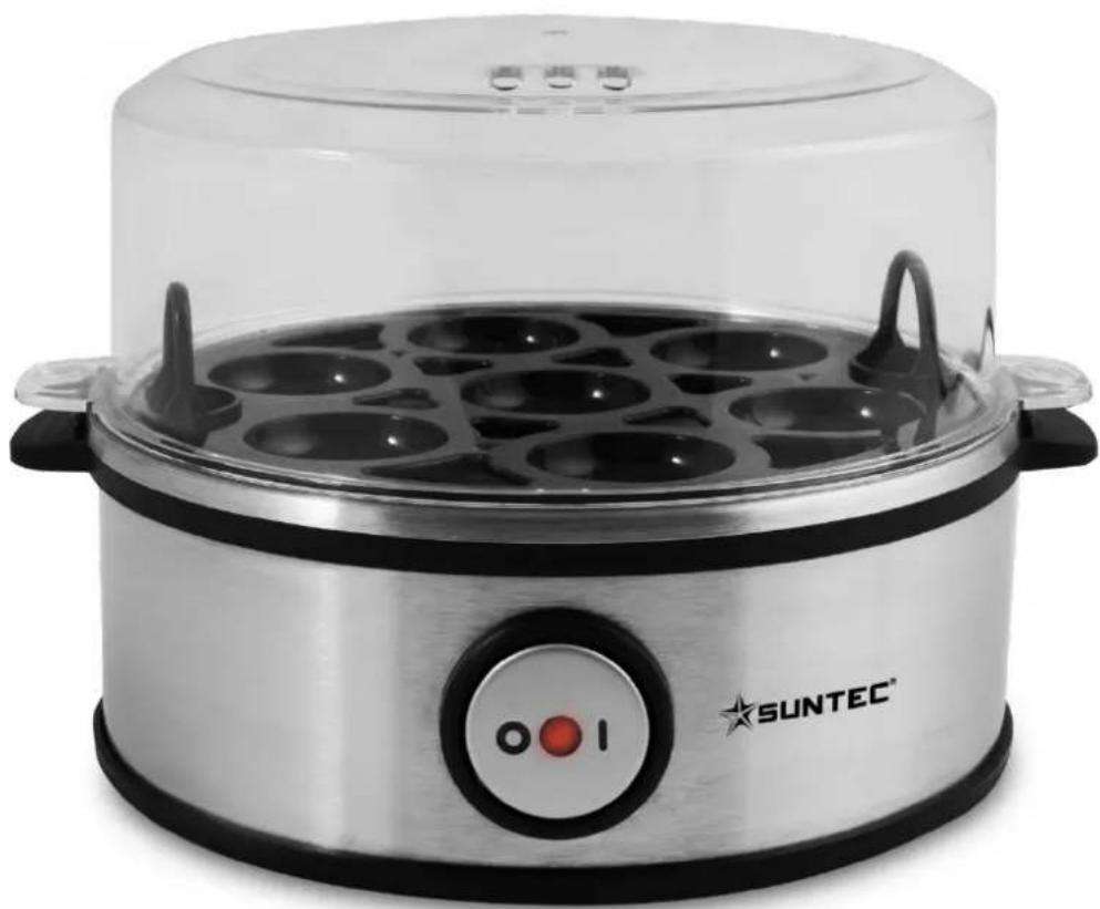 Exterior view of a Suntec rice cooker with metal casing and circular cavities (no text or symbols visible)