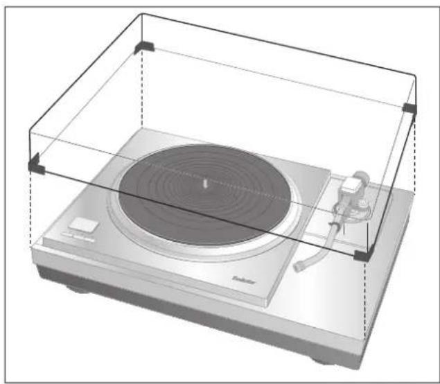 TECHNICS SH1000R - Medan du håller dammskyddet från båda sidor, sätt det på plats genom att anpassa dess fyra hörn med de fyra hörnen på enheten. - 1