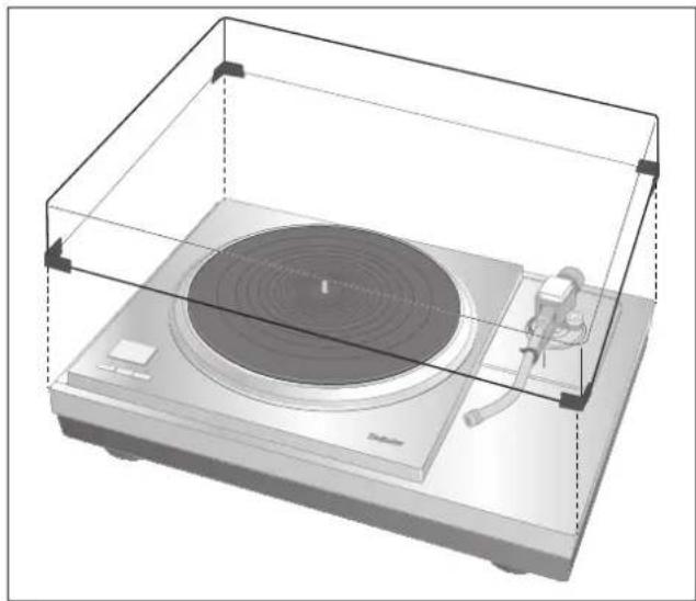 TECHNICS SH1000R - Tout en maintenant le couvercle anti-poussière des deux côtés, mettez-le en place en alignant ses quatre coins sur les quatre coins de l'appareil. - 1