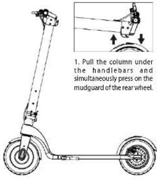 1. Pull the column under the handlebars and simultaneously press on the mudguard of the rear wheel.