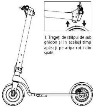 1. Trageți de stălpul de sub ghidon și în același timp apăsați pe aripa roții din spate.