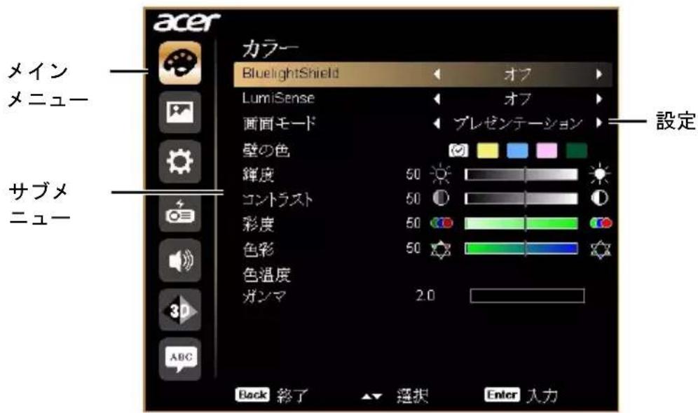 acer カラー BluelightShield オフ LumiSense オフ 画面モード プレゼンテーション 壁の色 輝度 50 コントラスト 50 彩度 50 色彩 50 色温度 ガンマ 2.0 設定 メイン メニュー サブメ ニュー Back 絞了 连択 Enter 入力