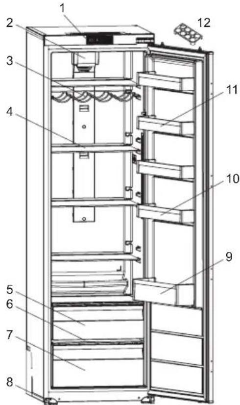 Technical diagram of an open refrigerator with numbered parts for identification