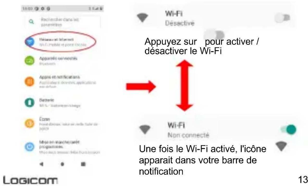 LOGICOM Le Omega - ATTENTION : La plupart des réseaux Wi-Fi sont verrouillés par un mot de passer (Clef WEP ou WPA2 PSK). Pour vous connecter à un réseau Wi-Fi verrouillé, cliquez dessus et saisissez le mot de passer de votre réseau dans la boite de dialogue qui s'affiche à l'écran. - 1