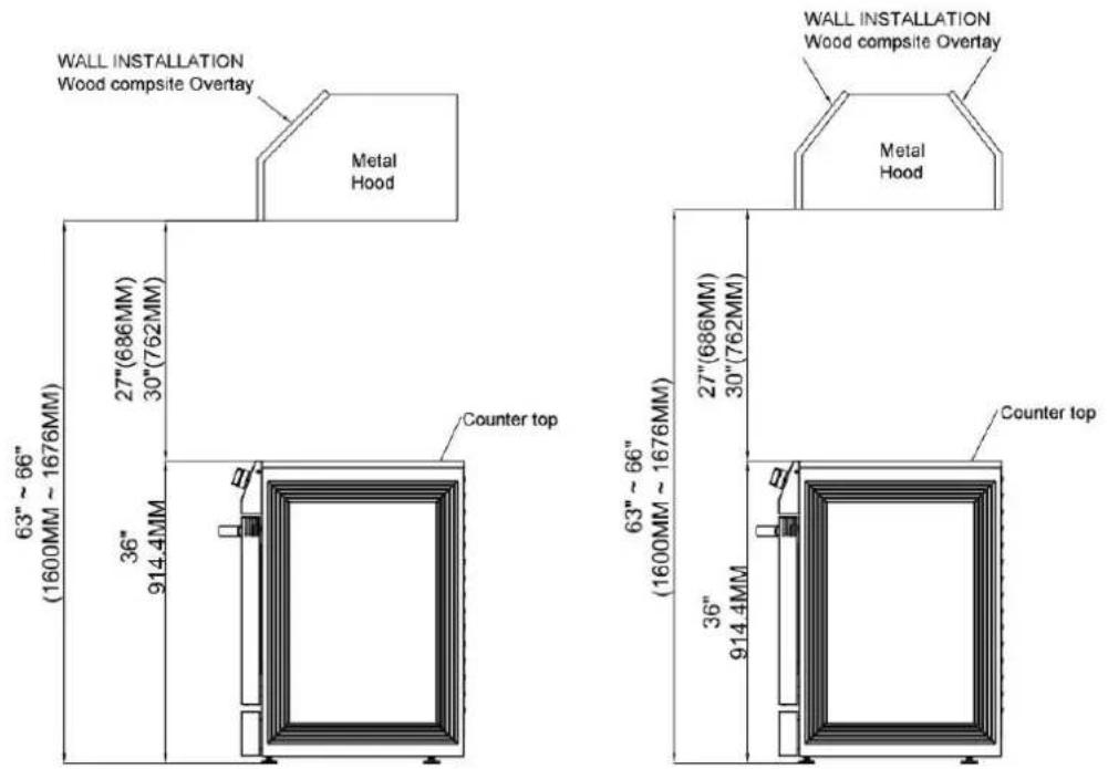 WALL INSTALLATION Wood composite Overlay Metal Hood 63" ~ 86" (1600MM ~ 1676MM) 27"(686MM) 30"(762MM) 36" 914.4MM Counter top 63" ~ 86" (1600MM ~ 1676MM) 27"(686MM) 30"(762MM) 36" 914.4MM Counter top WALL INSTALLATION Wood composite Overlay Metal Hood