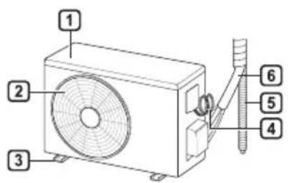 Technical diagram of an air conditioner unit with numbered components for identification